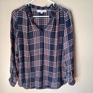 Loft Women’s Navy,Red, Gold Plaid Blouse; Size XXS